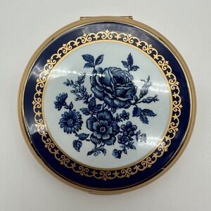 Vintage Stratton England Compact Blue White Floral Porcelain Gold Tone Mirror